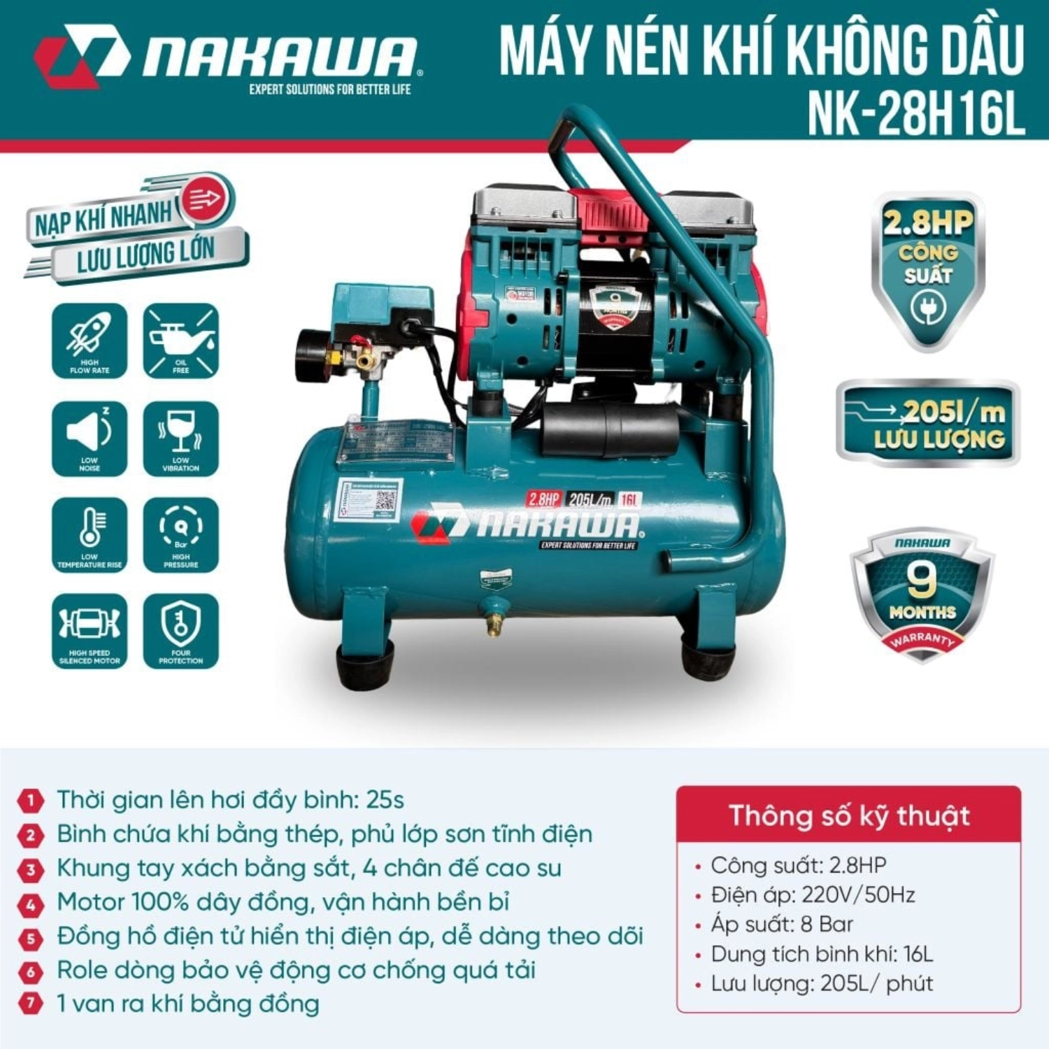 Máy Nén Khí Không Dầu 16L Nakawa NK-28H16L, Công Suất 2.8 HP, Bảo Hành 9 Tháng Chính Hãng