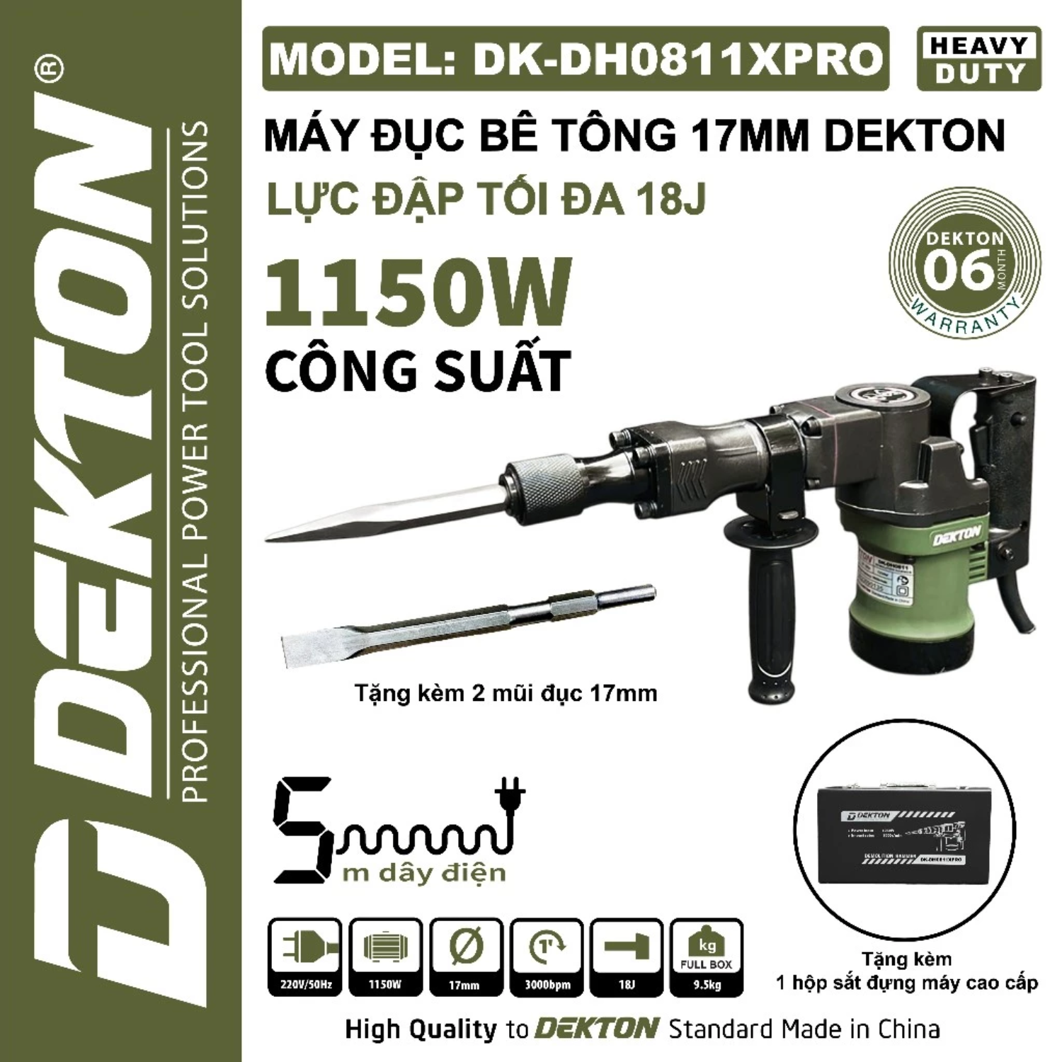 Máy đục Bê Tông Dekton 1250W DK-DH0811XPRO, Lực đập 18J, Bảo Hành 6 Tháng