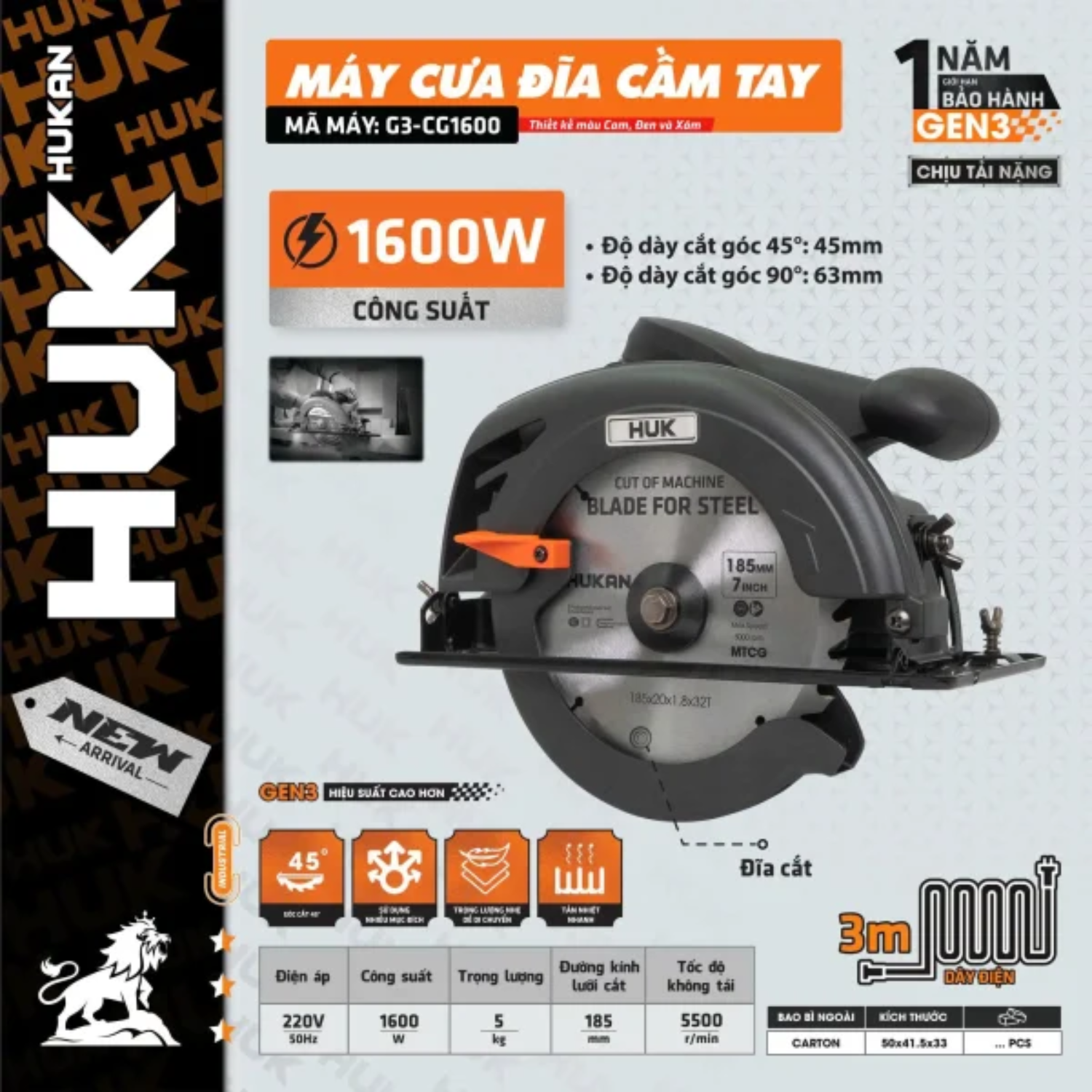 Máy Cưa Gỗ điện GEN3 G3-CG1600, Công Suất 1600W, Bảo Hành 12 Tháng
