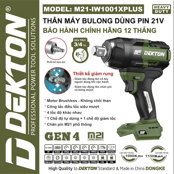 Máy Siết Bu Lông Dùng Pin 21V Dekton M21-IW1001XPLUS, đầu Trực 3/4 Inch
