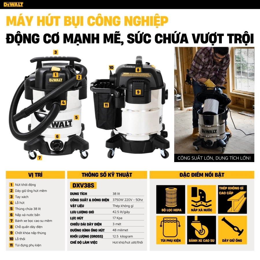 Máy Hút Bụi Công Nghiệp 3 Chức Năng ướt/khô/thổi Dewalt  DXV38S 38L