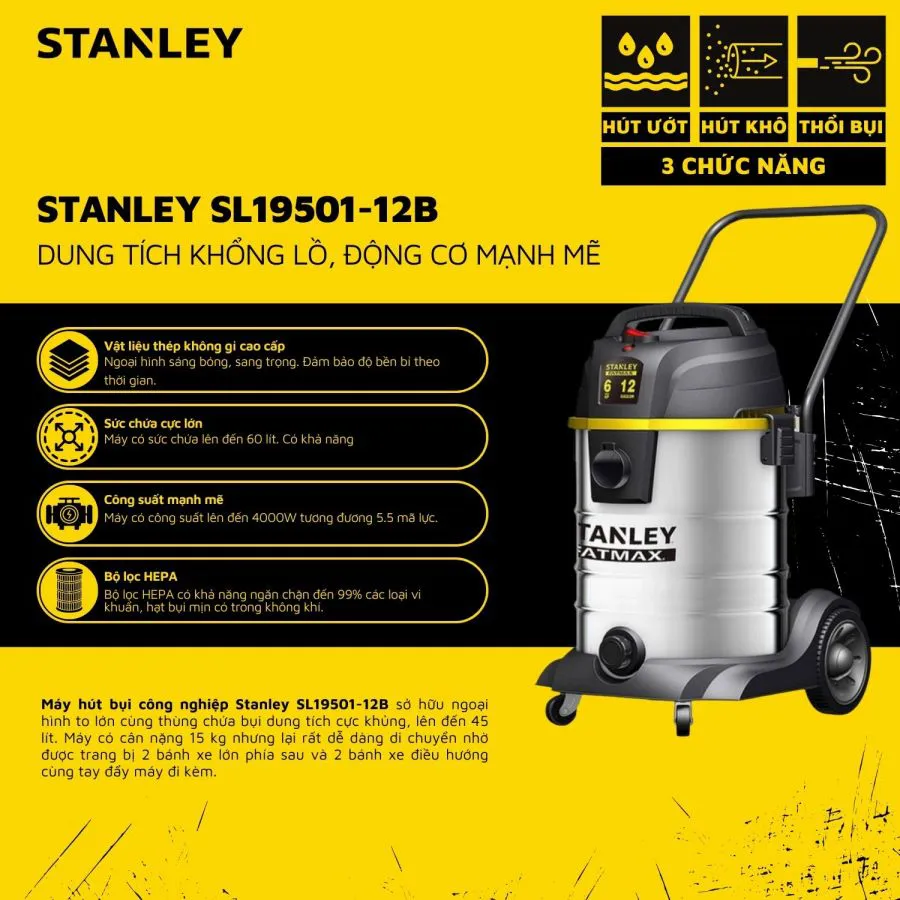 Máy Hút Bụi Công Nghiệp 3 Chức Năng Khô/Ướt/Thổi Stanley SL19501-12B Motor 2 Tầng