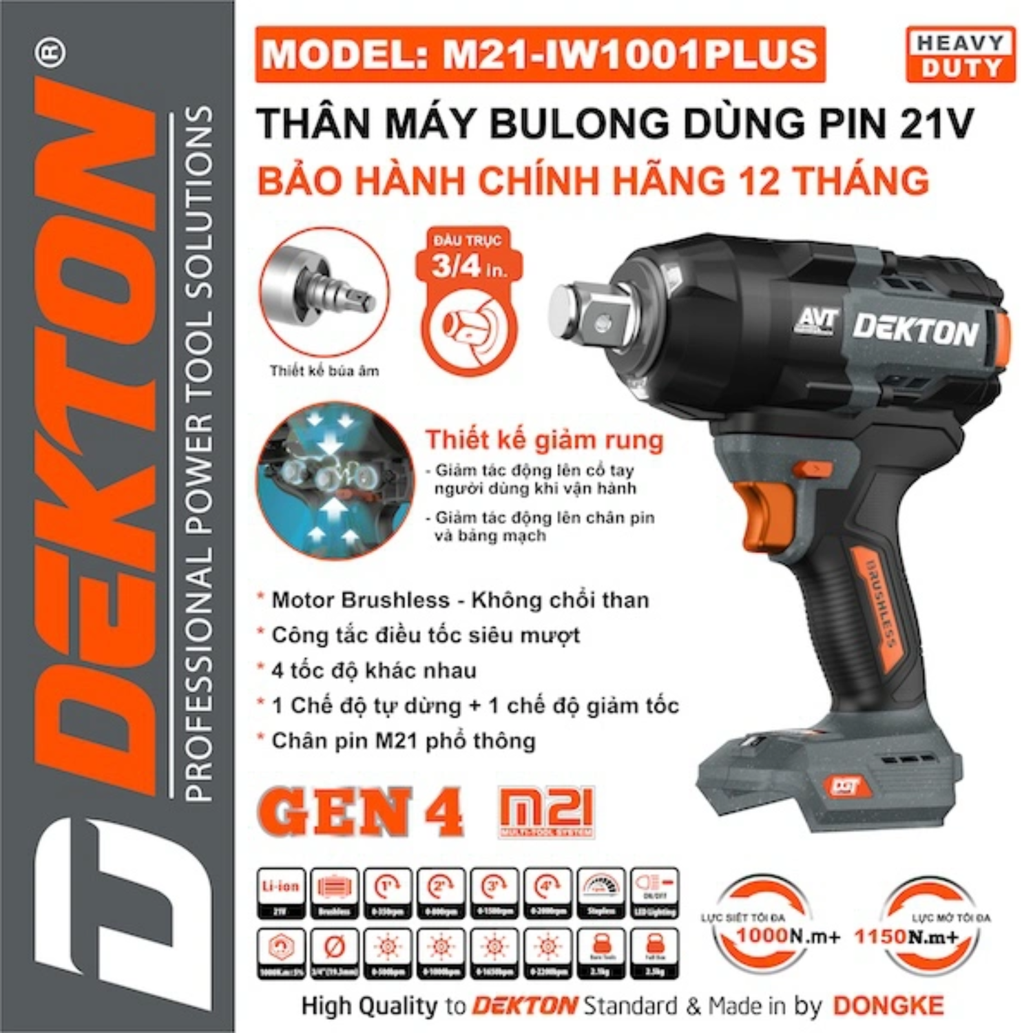 Máy Siết Bu Lông Pin 21V Dekton M21-IW1001PLUS, Đầu 3/4 Inch