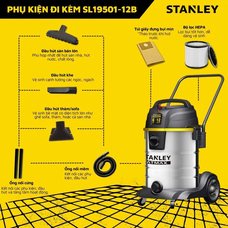 Máy Hút Bụi Công Nghiệp 3 Chức Năng Khô/Ướt/Thổi Stanley SL19501-12B Motor 2 Tầng