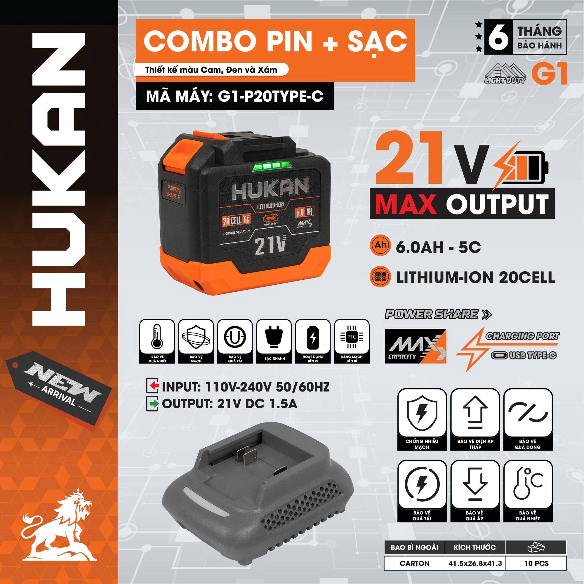 Combo Pin Và Sạc Hukan G1-P20TYPE-C, Pin 6Ah 20cell, Sạc 1.5Ah