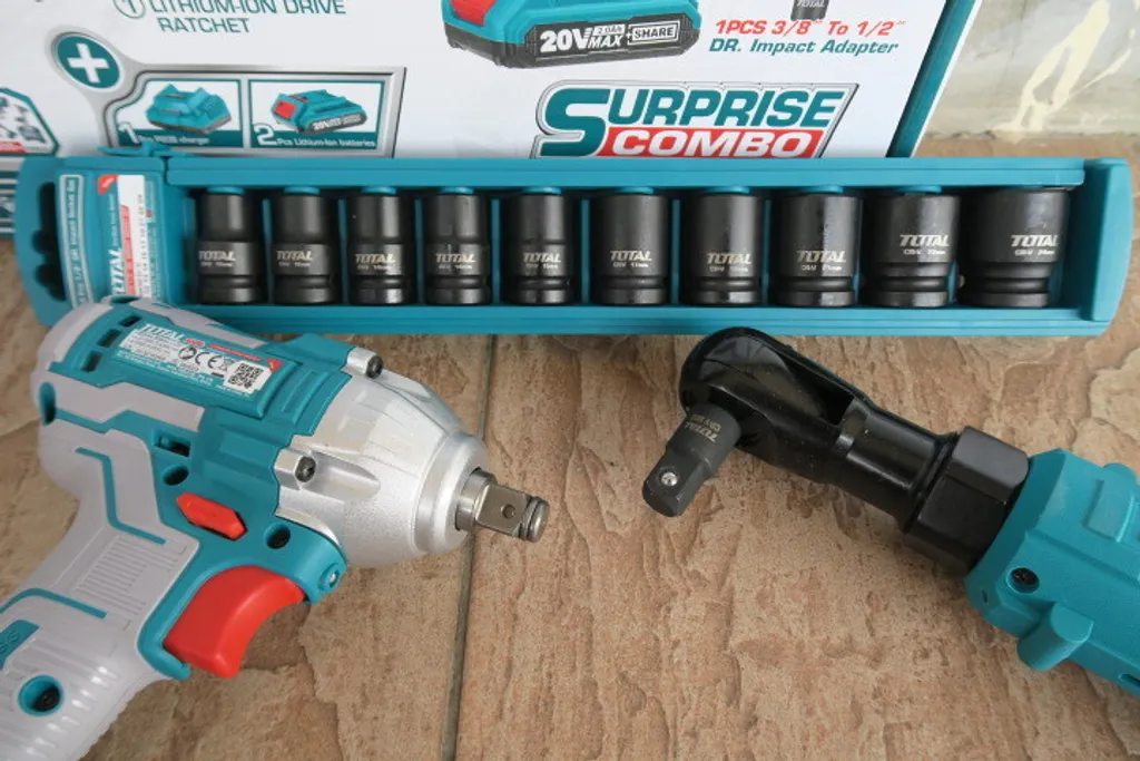 Combo Total TOSLI23043 (Máy Siết Bulong TIWLI2038 & Máy Siết Góc TDRLI206015) - Dùng Pin 20V, Kèm 2 Pin, 1 Sạc, Bộ Đầu Tuýp
