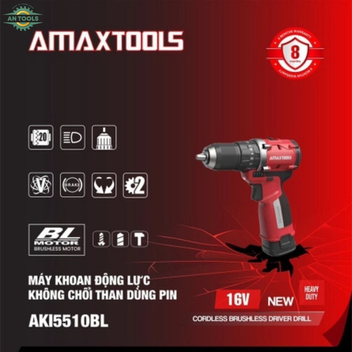 Máy Khoan Pin 16V Amaxtools AKI5510BL Kèm 2Pin 2.0Ah Và 1Sạc