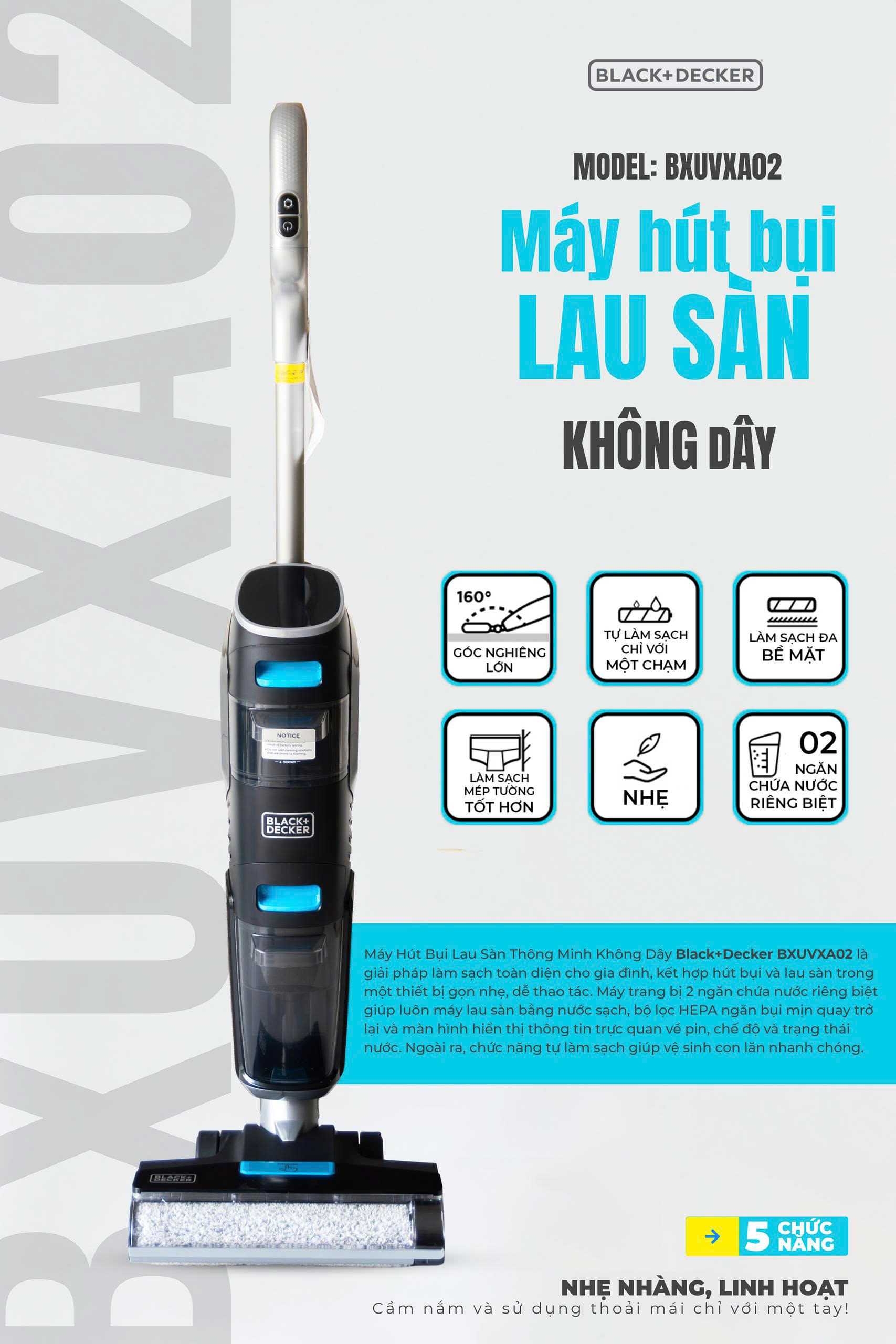Máy Hút Bụi Lau Sàn Không Dây Black+Decker USA BXUVXA02 - 5 Chức Năng