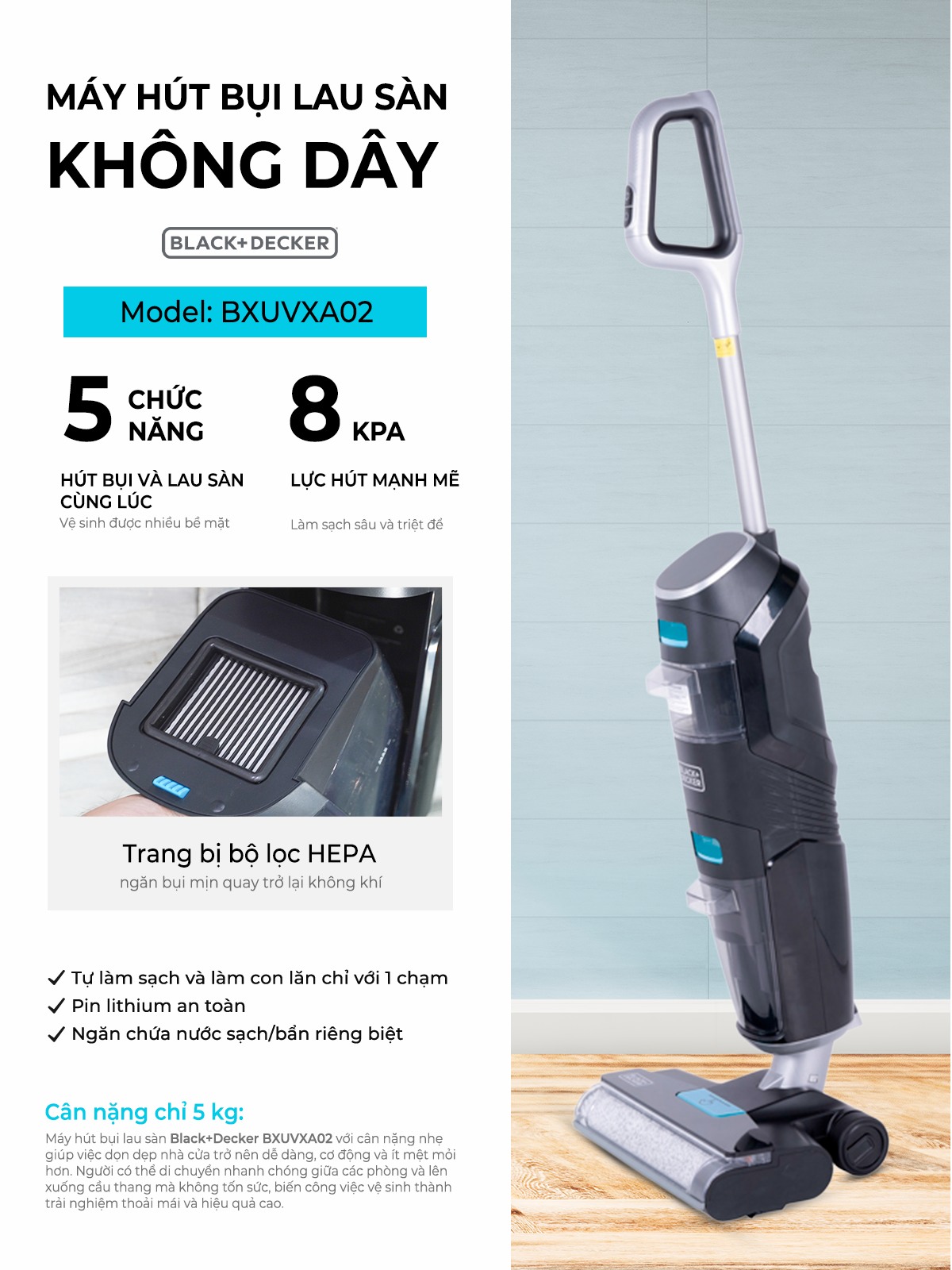Máy Hút Bụi Lau Sàn Không Dây Black+Decker USA BXUVXA02 - 5 Chức Năng