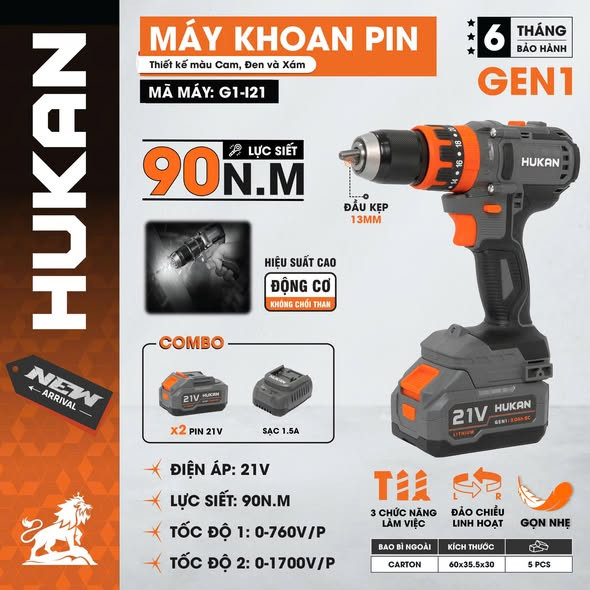 Bộ Máy Khoan Pin 21V Hukan G1-I21 Lực Siết 90Nm động Cơ Không Chổi Than Kèm Pin Sạc