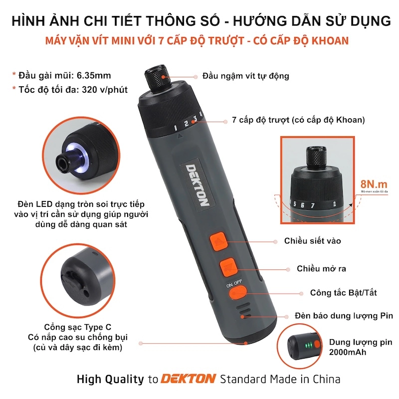 Máy Vặn Vít Mini 4V Dekton DK-VT08PLUS - 7 Cấp Trượt, Đầu 1/4