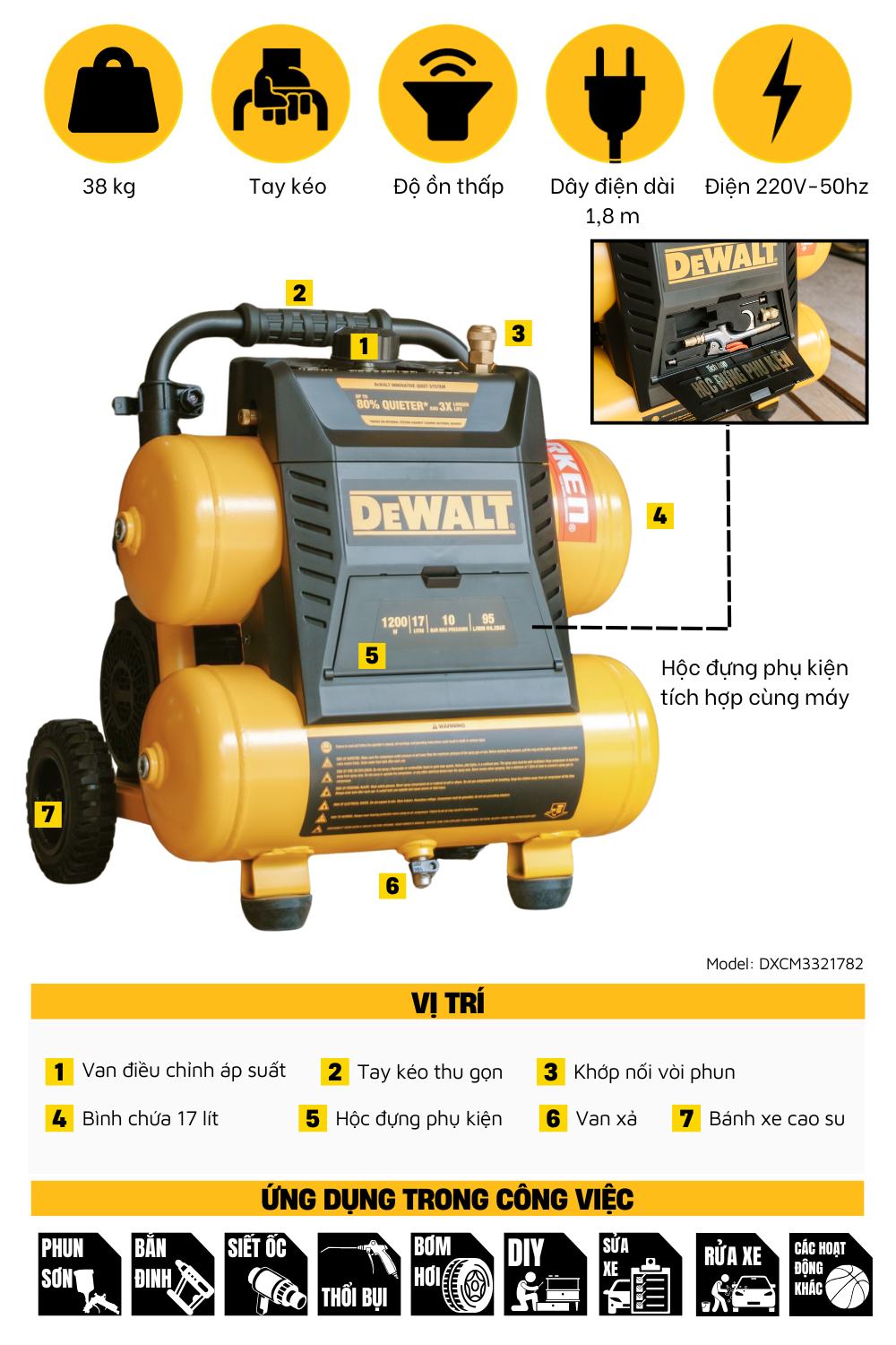 Máy Nén Khí Không Dầu DEWALT USA DXCM3321782 - 17 Lít Siêu êm