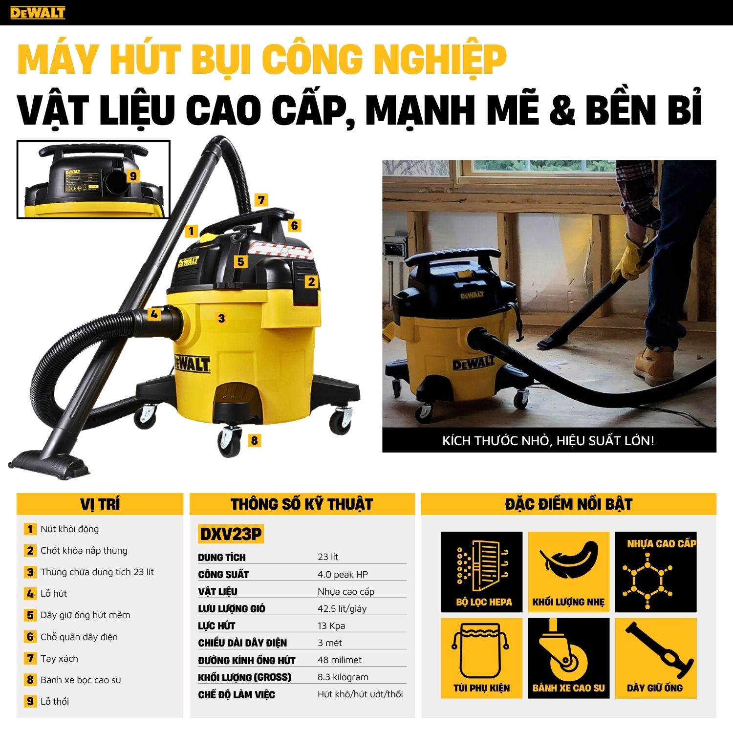 Máy Hút Bụi Công Nghiệp 3 Chức Năng ướt/khô/thổi Dewalt  DXV23P 23L
