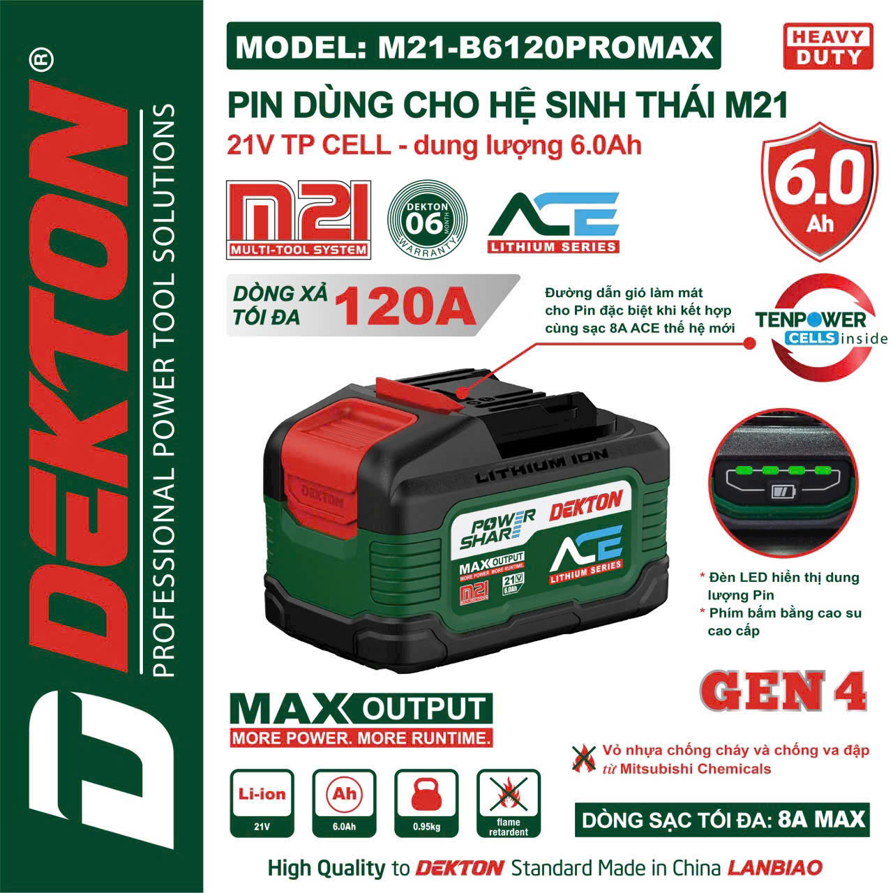 Pin Dekton Gen 4 M21-B6120PROMAX 21V 6.0Ah Dòng Xả Cao