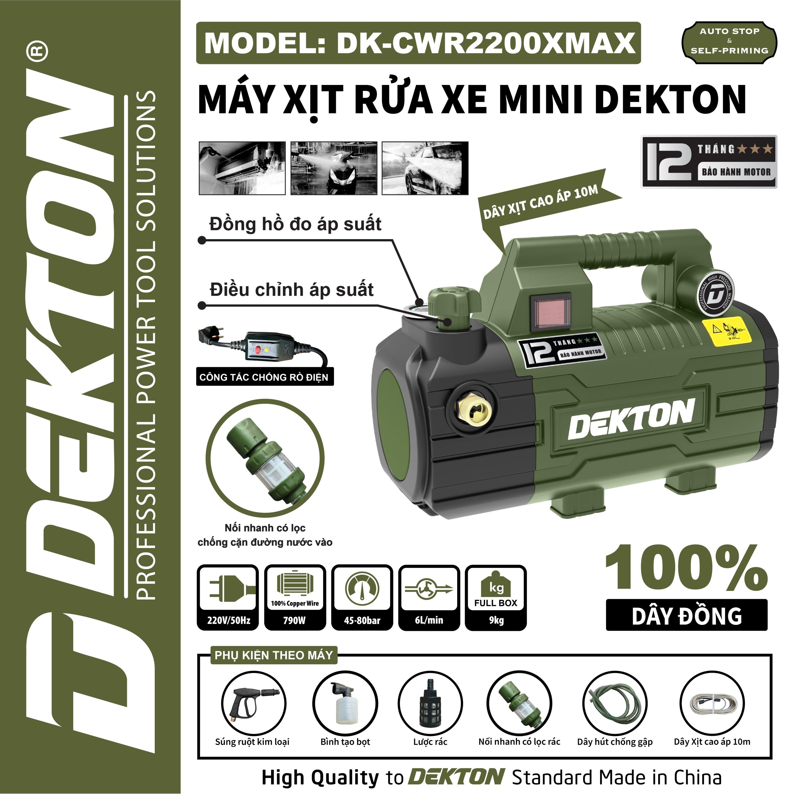 Máy Xịt Rửa Xe Dekton DK-CWR2200XMAX 80 Bar Chính Hãng, Motor Dây Đồng 100%, DK CWR 2200XMAX