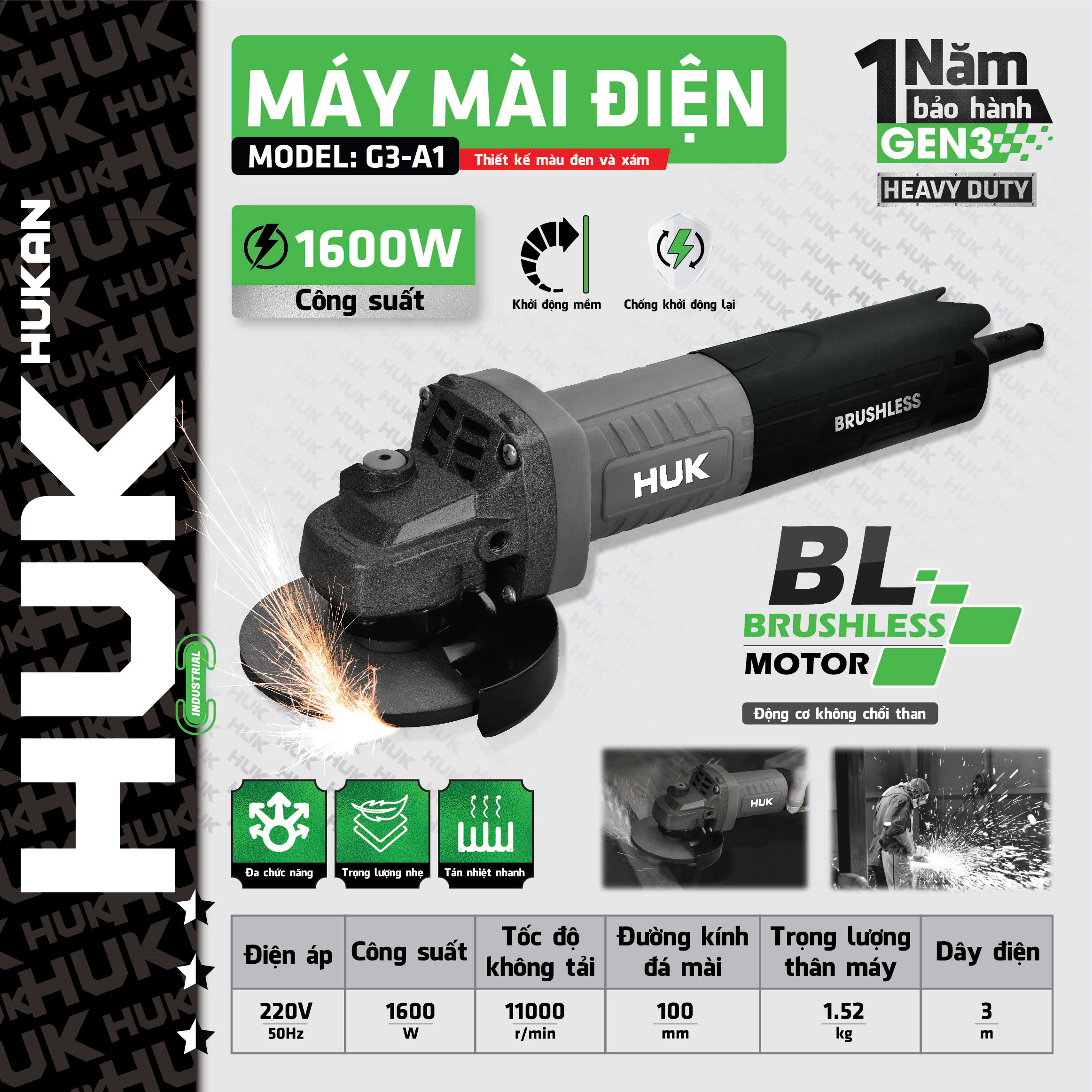 Máy Cắt Mài Công Tắc đuôi G3-A1 Không Chổi Than, Công Suất 1600W