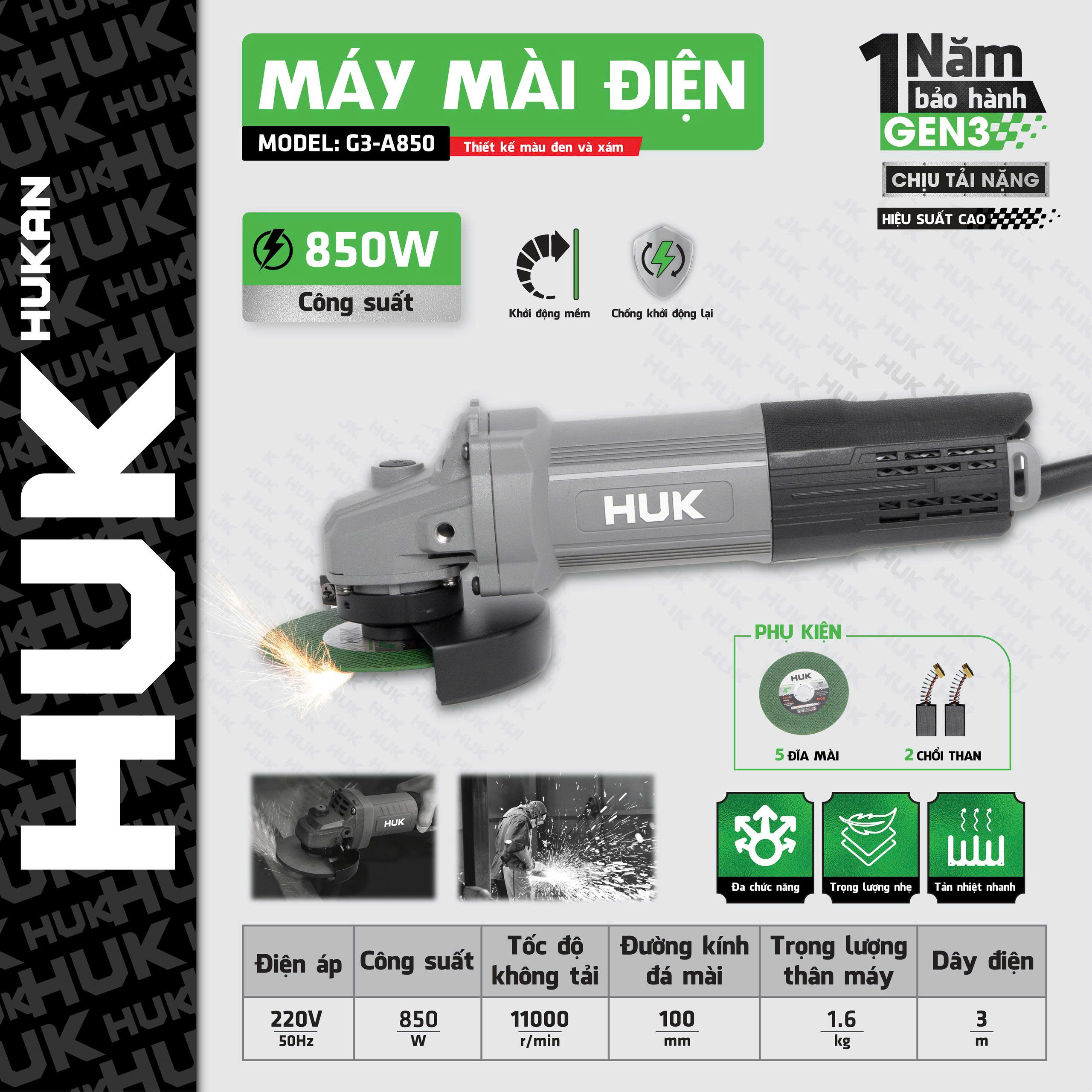 Máy Mài điện 850W Hukan (GEN 3) G3-A850