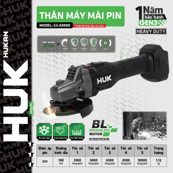 Thân Máy Mài Pin 5 Tốc độ 21V GEN3 Hukan G3-A9900, Trục Chính M10