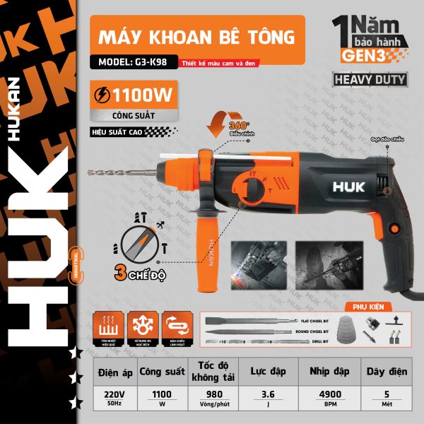 Máy Khoan Bê Tông 3 Chức Năng GEN3 Hukan G3-K98, Công Suất 1100W, Lực đập 3.6J