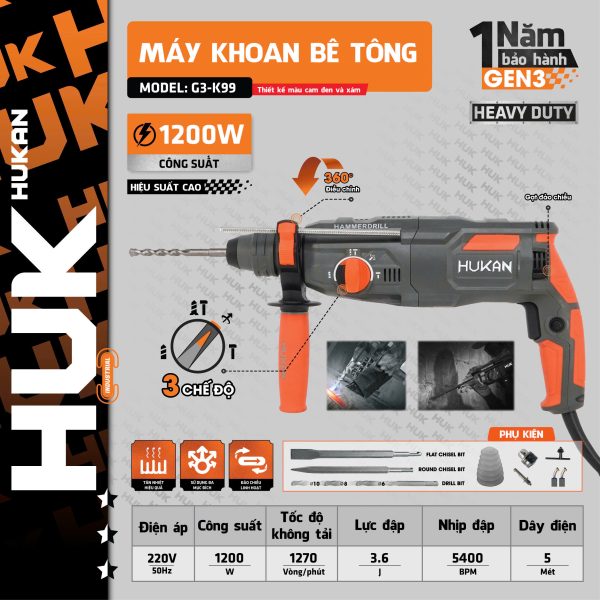 Máy Khoan Bê Tông 3 Chức Năng GEN3 G3-K99, Công Suất 1200W, Lực đập 3.6J
