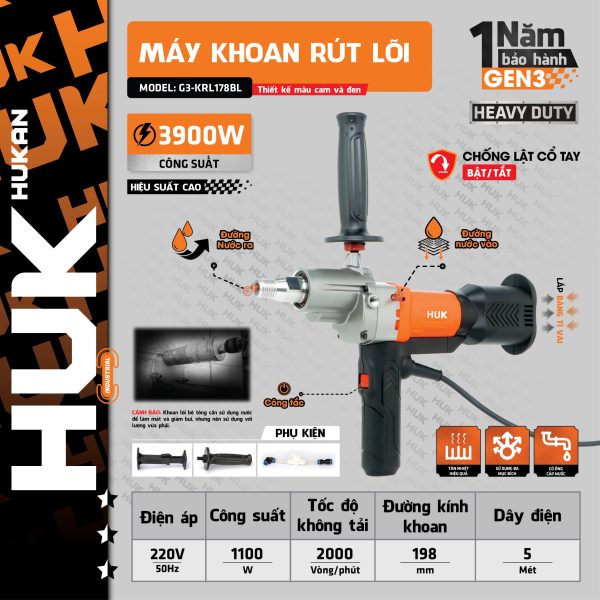 Máy Khoan Rút Lõi GEN 3 Hukan G3-KRL178BL, Công Suất  3900W, Điện áp 220V