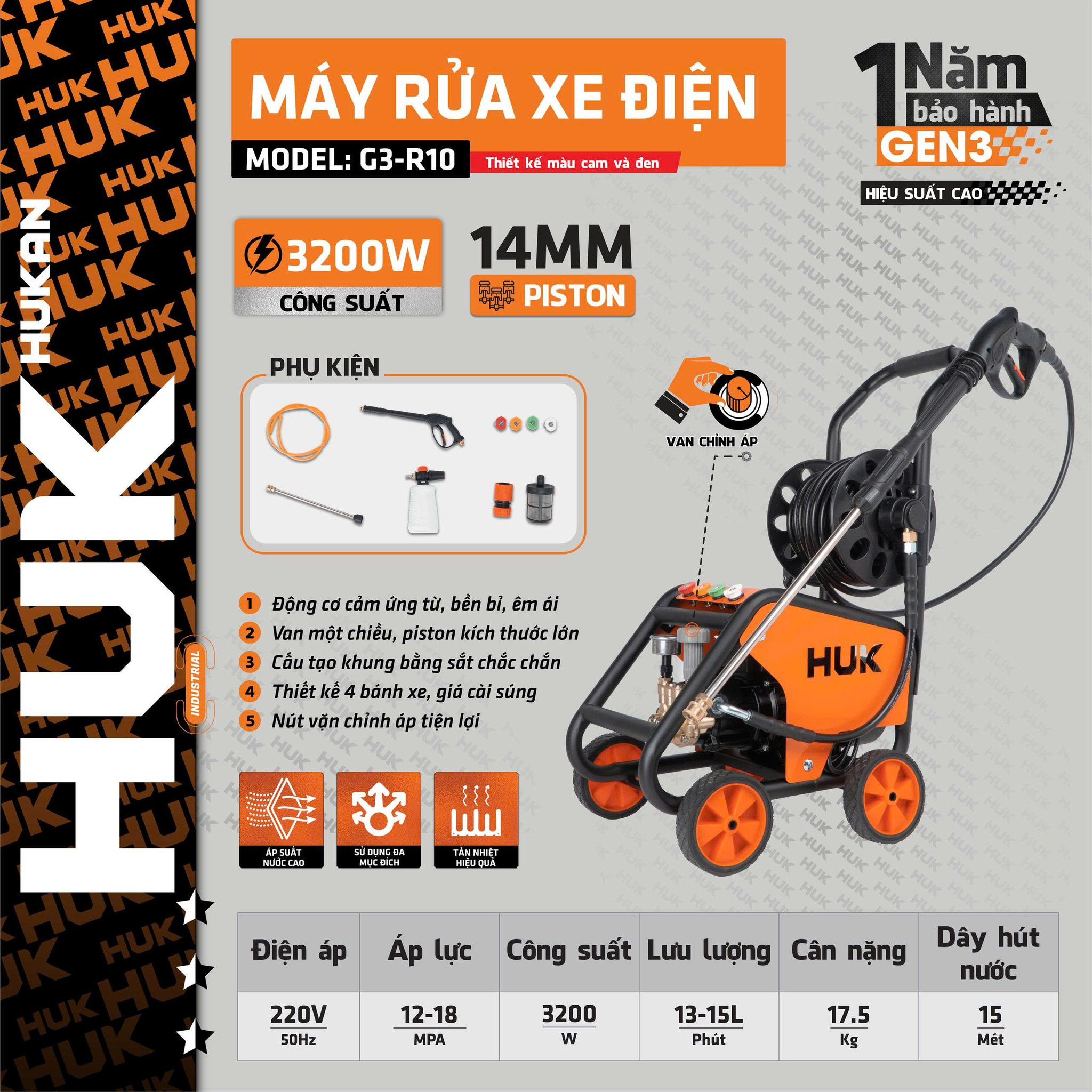 Máy Xịt Rửa Xe Có Chỉnh áp 3200W HUKAN G3-R10, Điện áp 220V, 50-60Hz