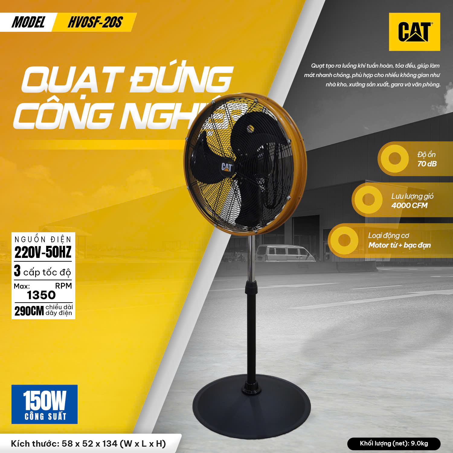 Quạt Đứng Công Nghiệp Caterpillar 20 Inch HVOSF-20S Chính Hãng, Công Suất 150W