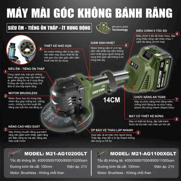 Máy Mài Góc Không Bánh Răng, Pin 21V Dekton M21-AG1100XGLT