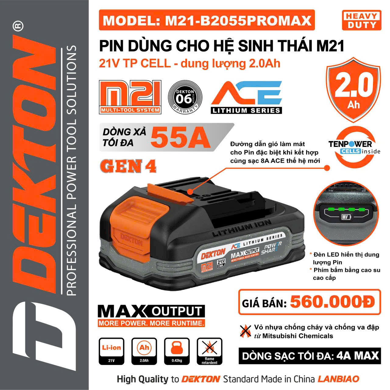 Pin Dekton 21V 2.0Ah Dekton M21-B2055PROMAX