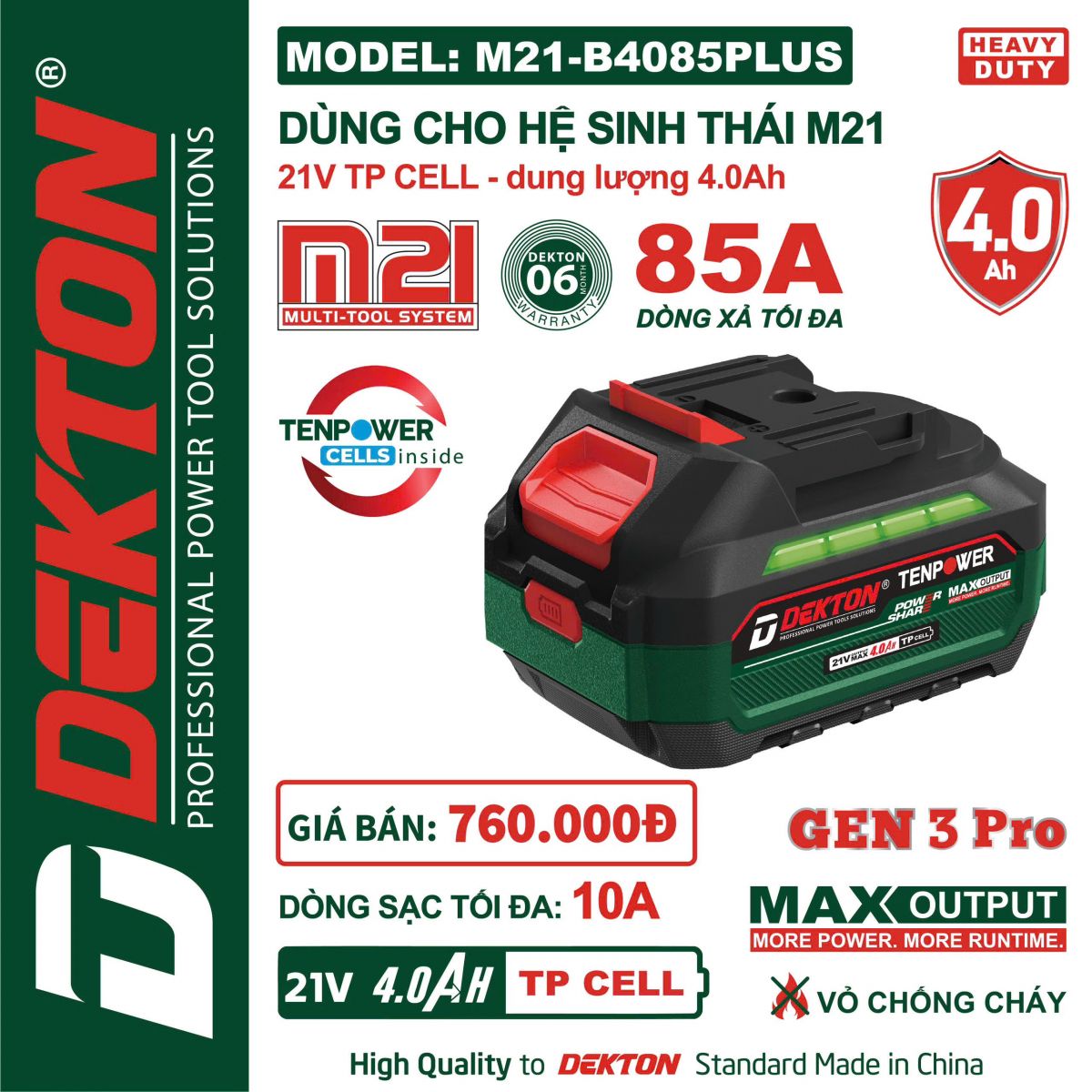 Pin 21V 4.0Ah Dekton M21-B4085PLUS 10 Cell Chính Hãng