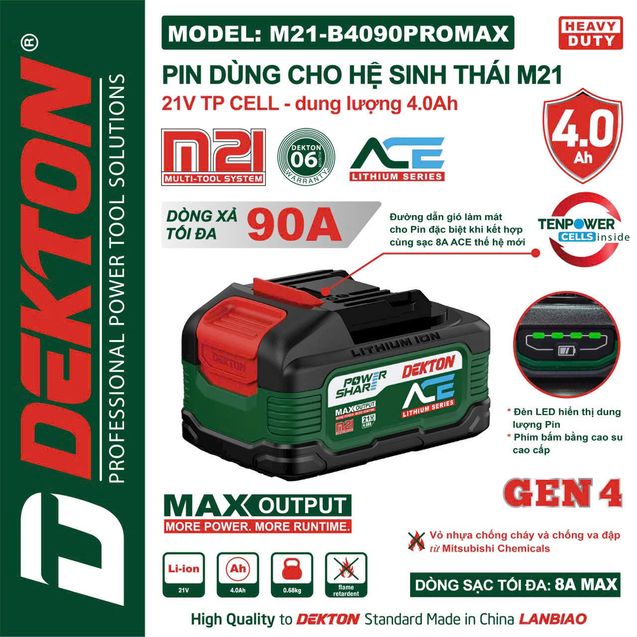Pin Dekton Gen 4 M21-B4090PROMAX 21V 4.0Ah Dòng Xả Cao