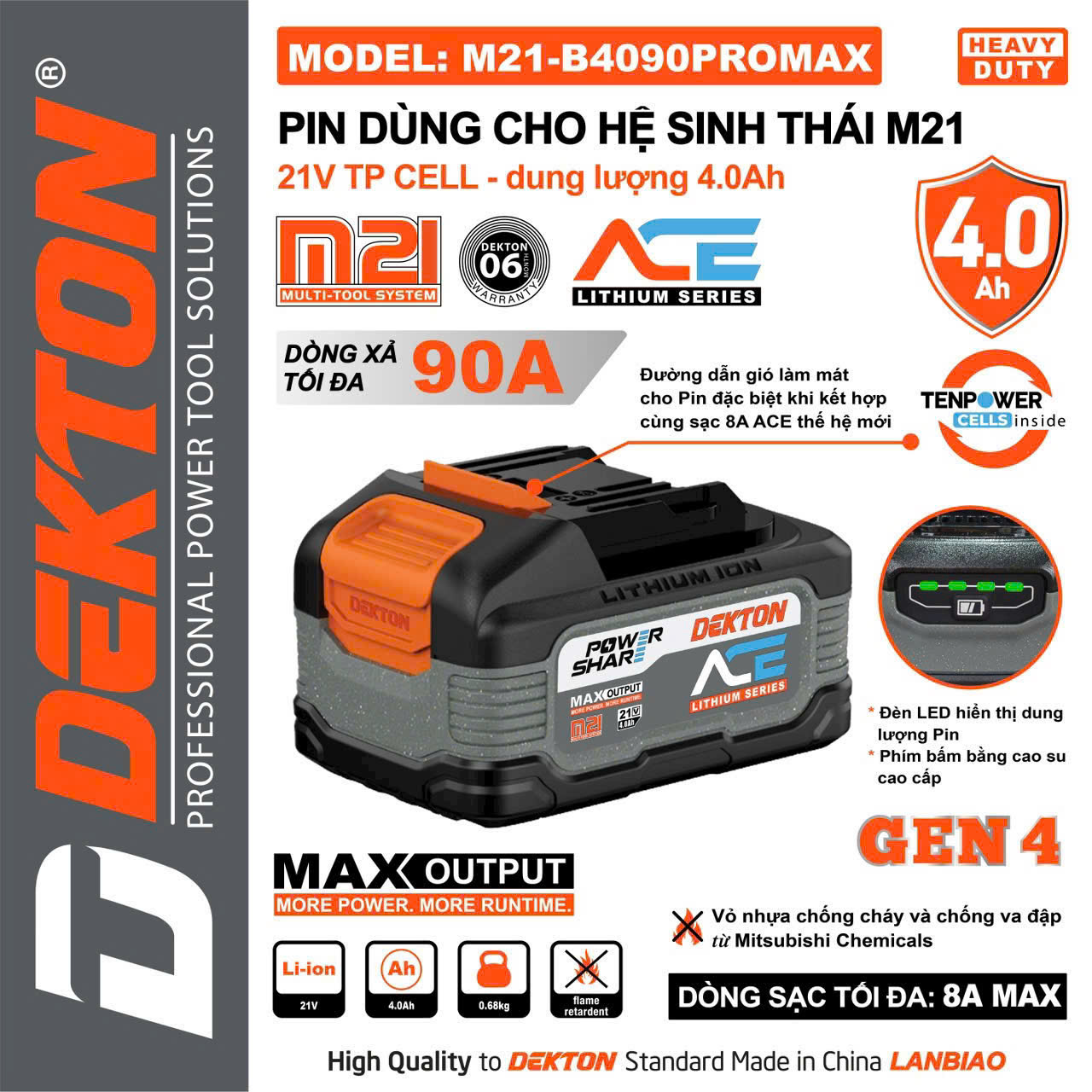 Pin Dekton Gen 4 M21-B4090PROMAX 21V 4.0Ah Dòng Xả Cao