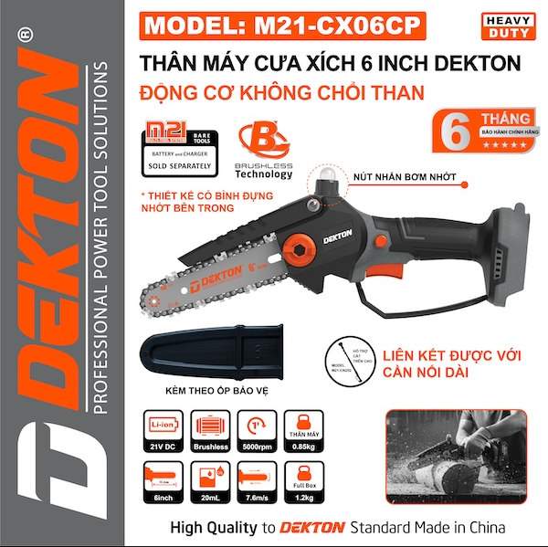 Máy Cưa Xích Pin 6 Inch Dekton M21-CX06CP, Có Bình Nhớt, Động Cơ Không Chổi Than