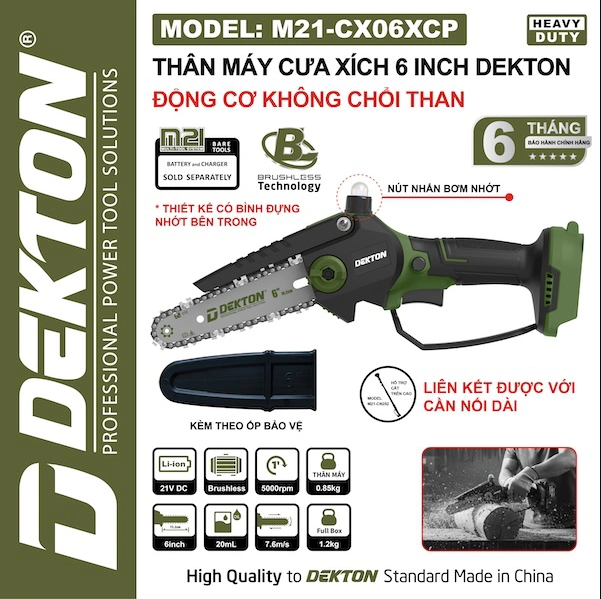 Máy Cưa Xích Pin 6 Inch M21-CX06XCP, Màu Oliu, Bảo Hành 6 Tháng