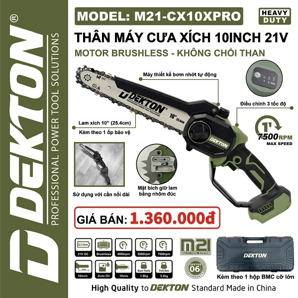 Máy Cưa Xích 10 Inch Dùng Pin 21V Dekton M21-CX10XPRO, Bảo Hành 6 Tháng