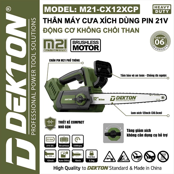 Máy Cưa Xích In 21V Dekton M21-CX12XCP, Tốc độ Cắt 13m/s, Bảo Hành 6 Tháng