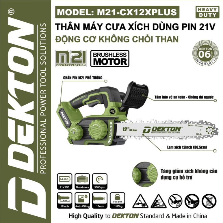Máy Cưa Xích 12 Inch 21V Dekton M21-CX12XPLUS, Động Cơ Không Chổi Than, Bảo Hành 6 Tháng