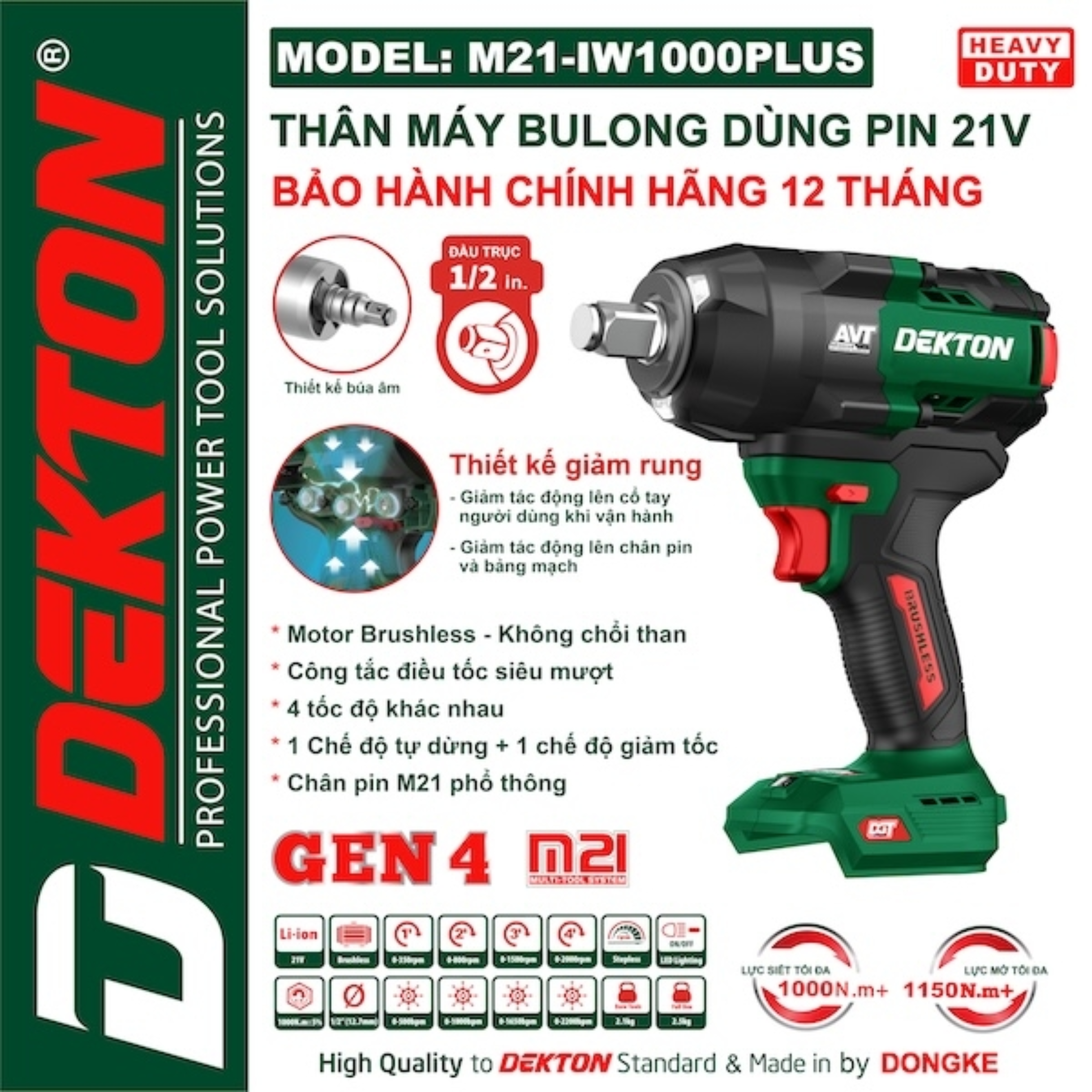 Máy Siết Bu Lông 1000Nm Dùng Pin 21V Dekton M21-IW1000PLUS Chính Hãng