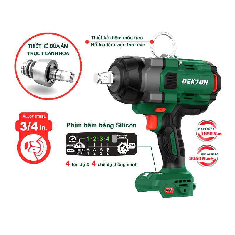 Máy Siết Bulong đầu 3/4 Inch 1650Nm Dùng Pin Phổ Thông Dekton M21-IW1650PRO