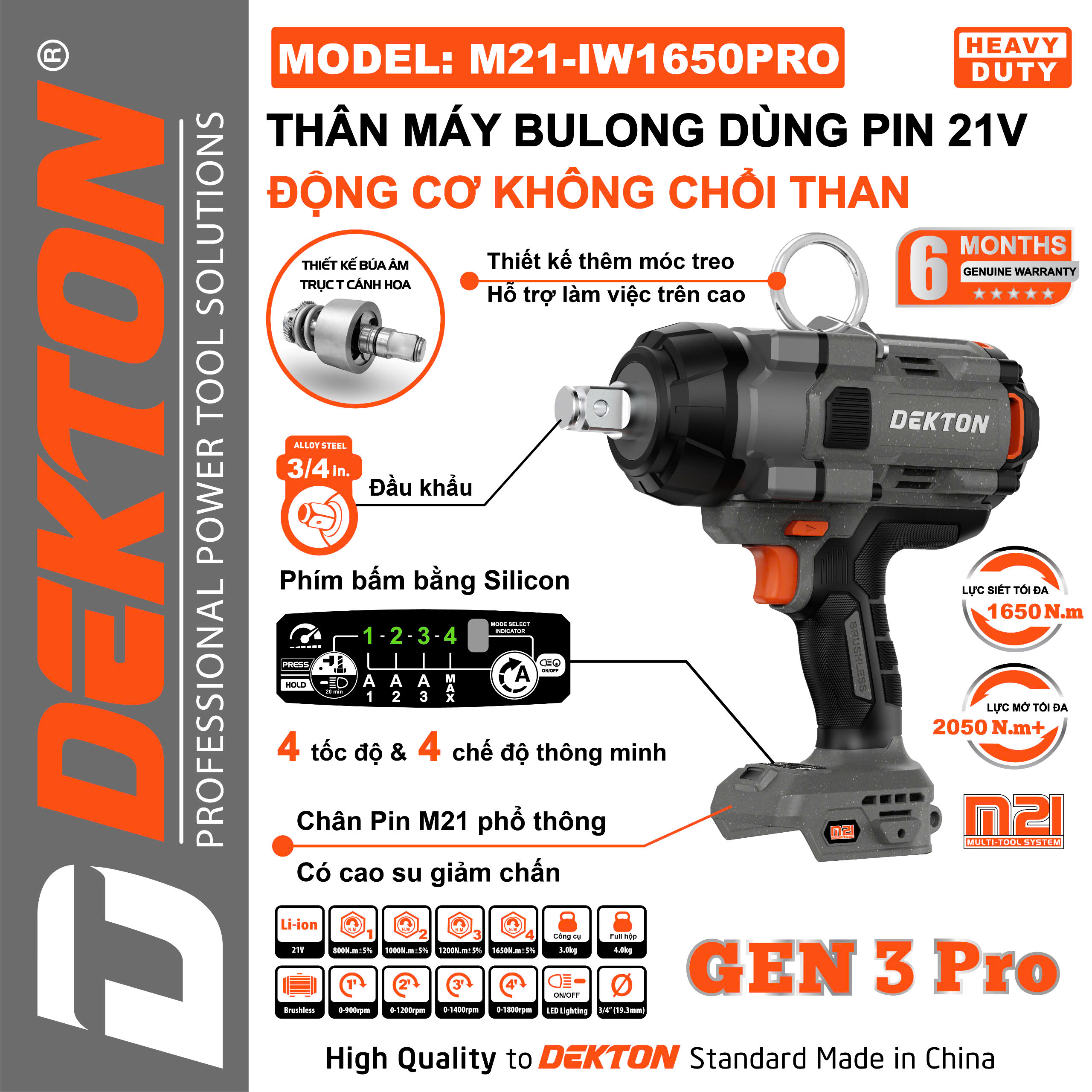 Máy Siết Bulong đầu 3/4 Inch 1650Nm Dùng Pin Phổ Thông Dekton M21-IW1650PRO
