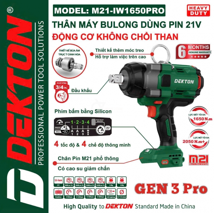 Máy Siết Bulong đầu 3/4 Inch 1650Nm Dùng Pin Phổ Thông Dekton M21-IW1650PRO