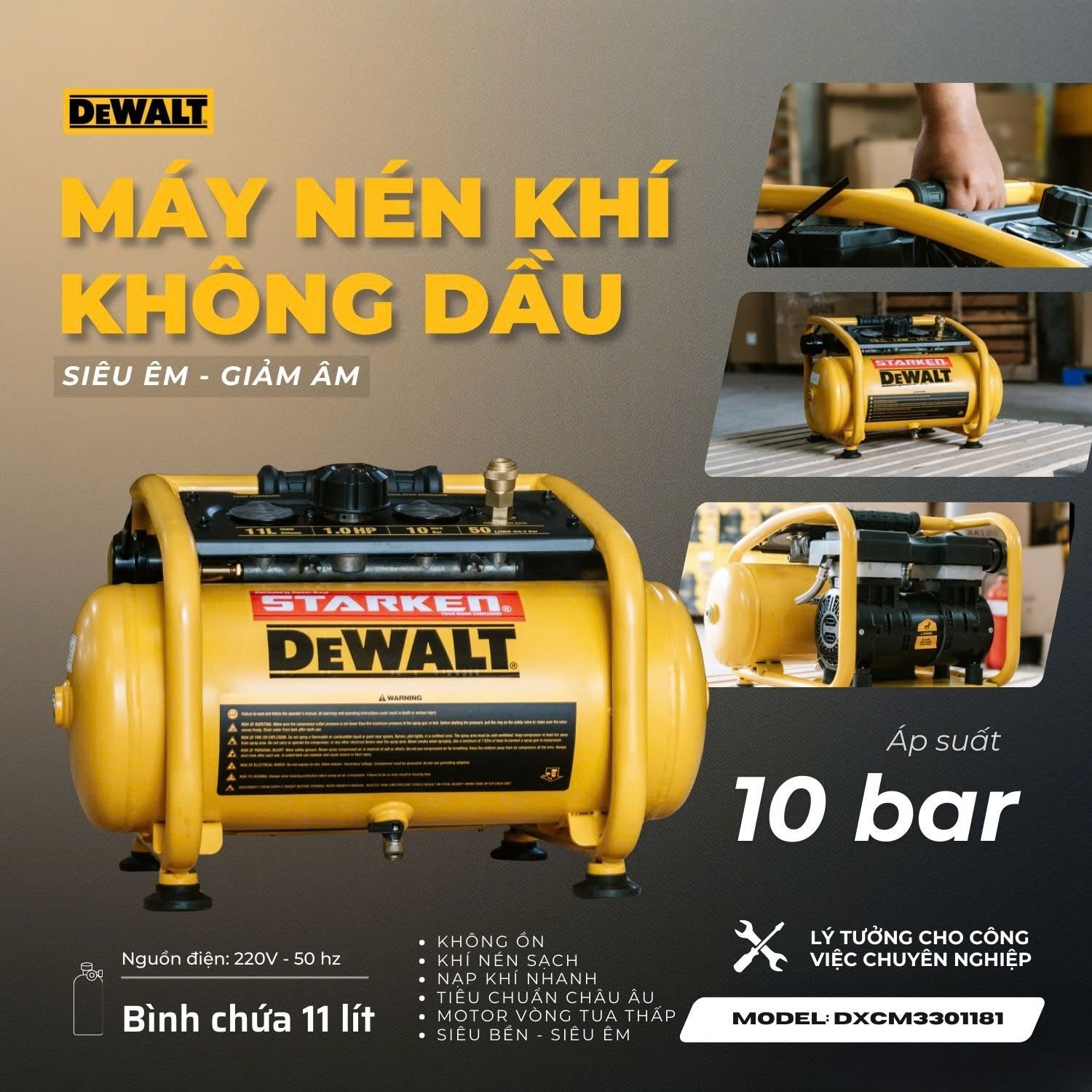 Máy Nén Khí Không Dầu DEWALT USA DXCM3301181 - 11 Lít Siêu êm