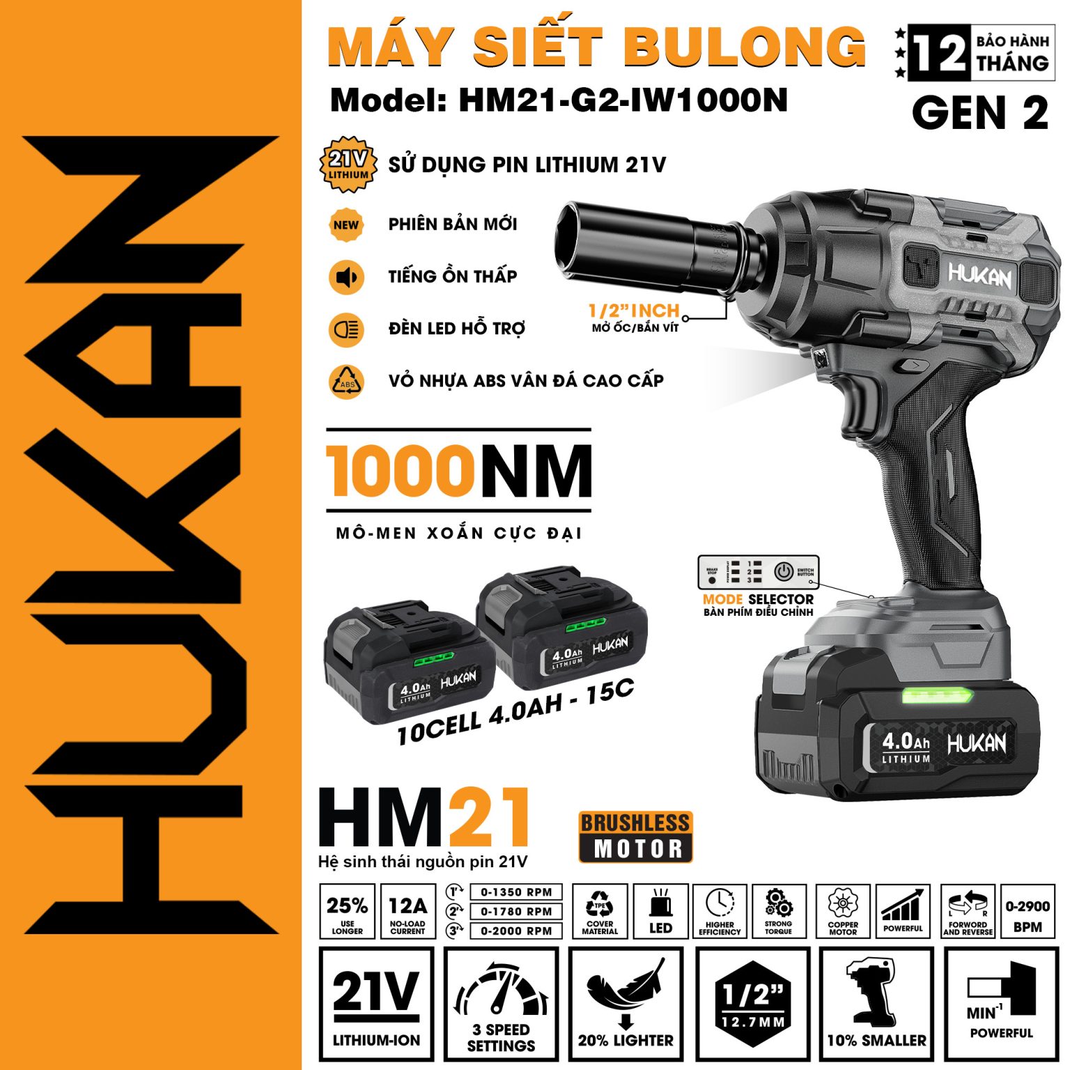 Máy Siết Bulong 1000Nm Pin 21V GEN 2 HUKAN HM21-G2-IW1000N | AN TOOLS