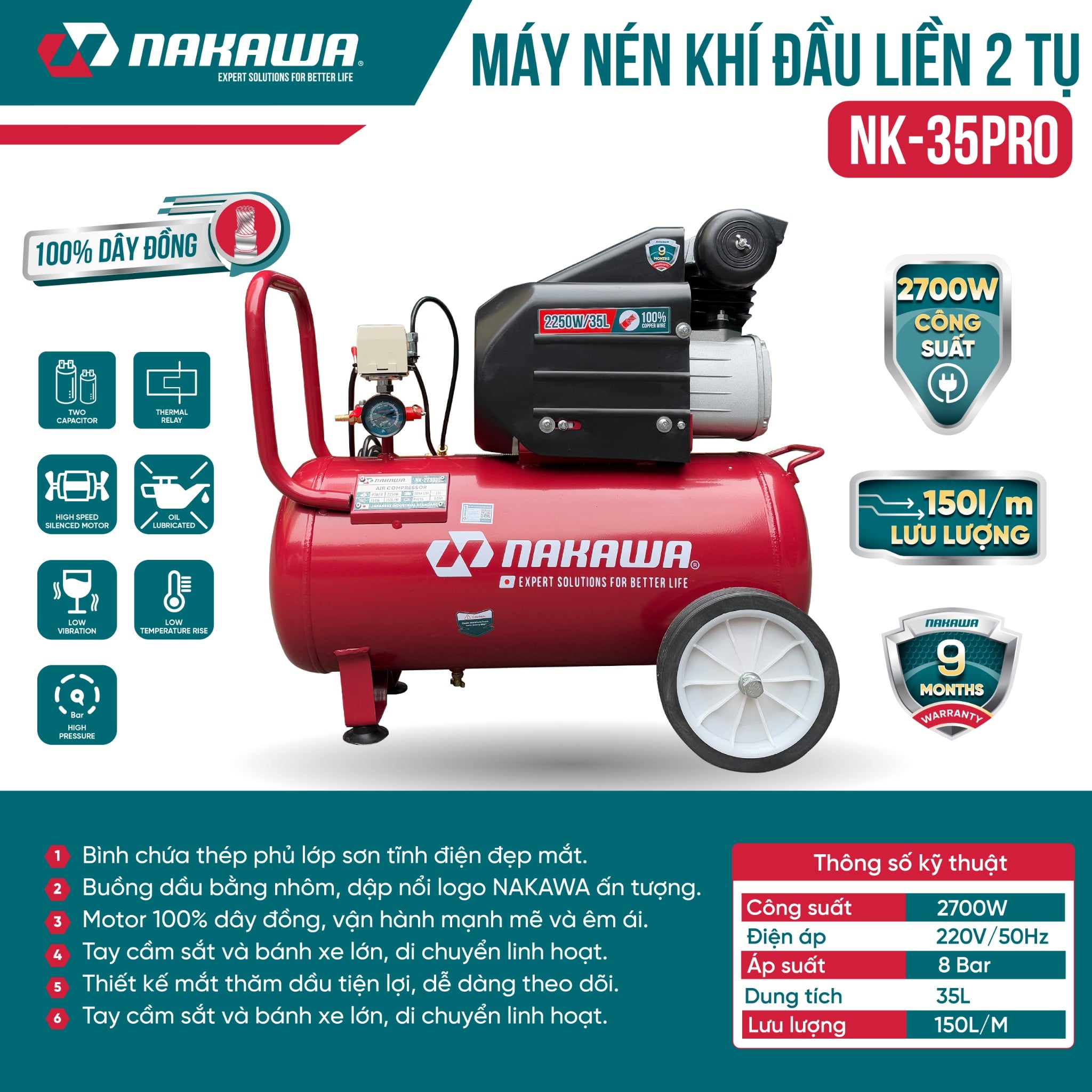 Máy Nén Khí Có Dầu 35L Nakawa ,NK35PRO Công Suất 3.6HP, Bảo Hành 9 Tháng Chính Hãng