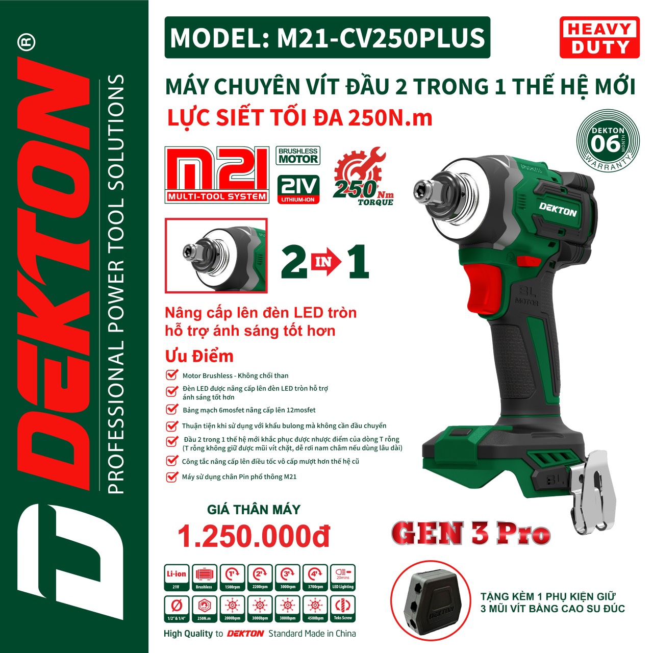 Máy Chuyên Vít Pin Dekton M21-CV250PLUS Gen 3 Pro