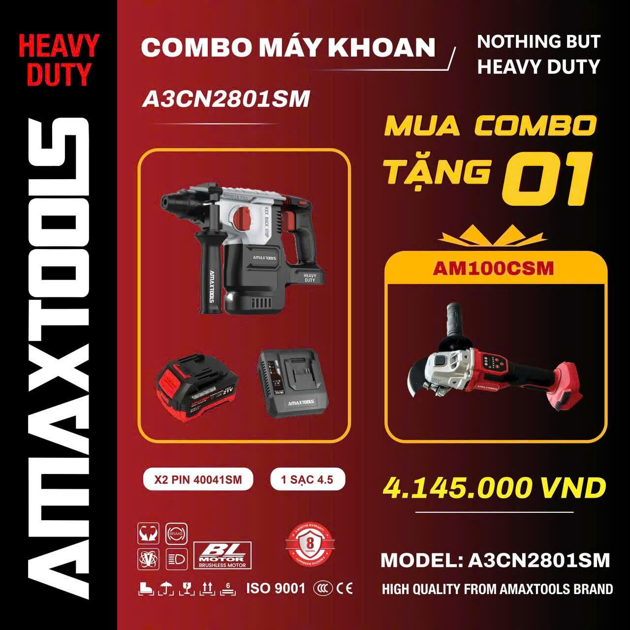 Máy Khoan Đục Bê Tông 21V 850W 2.9J Amaxtools A3CN2801-SM