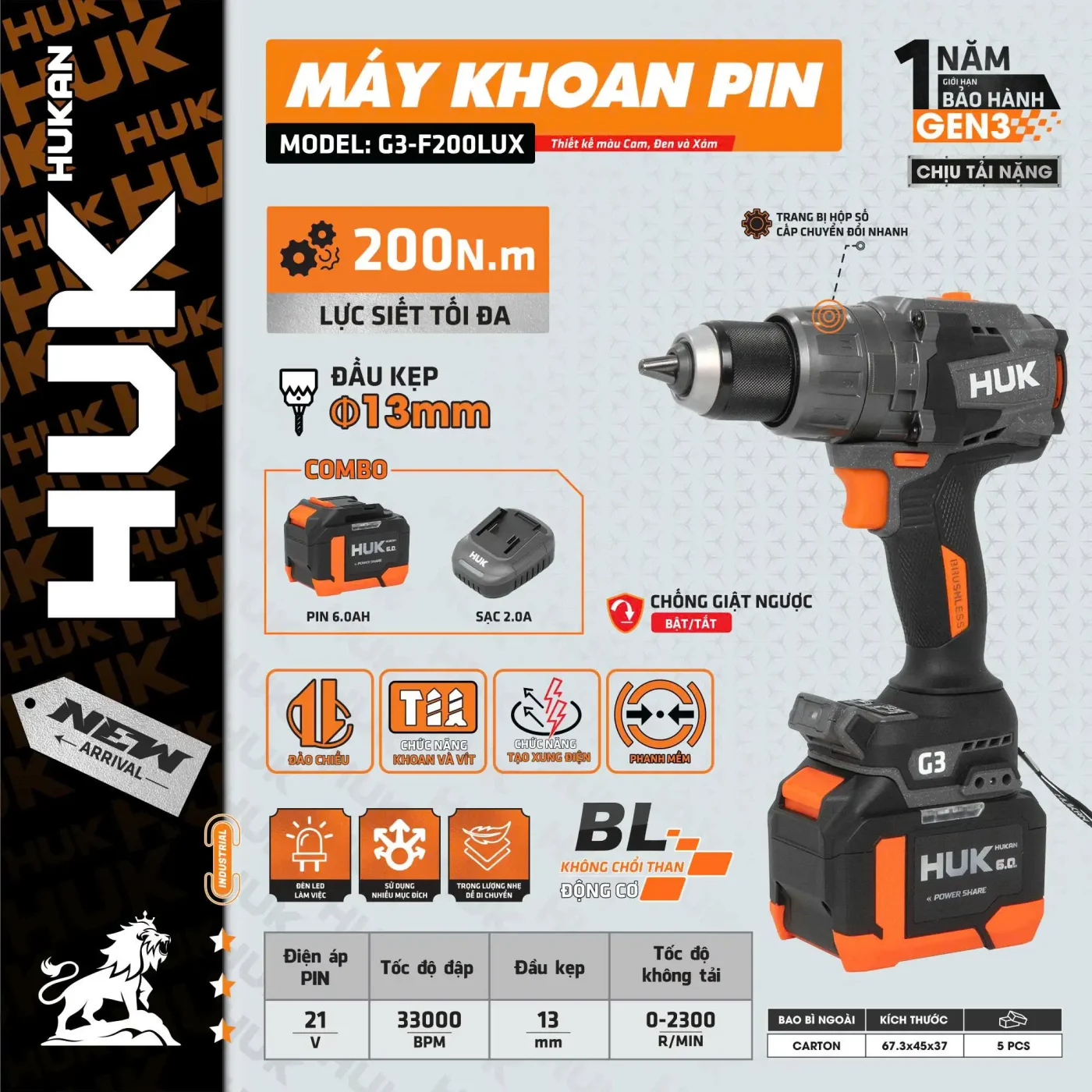 Máy Khoan Pin Búa 21V Hukan G3-F200LUX Lực Siết 200Nm TẶNG KÈM 2 Pin 6.0Ah