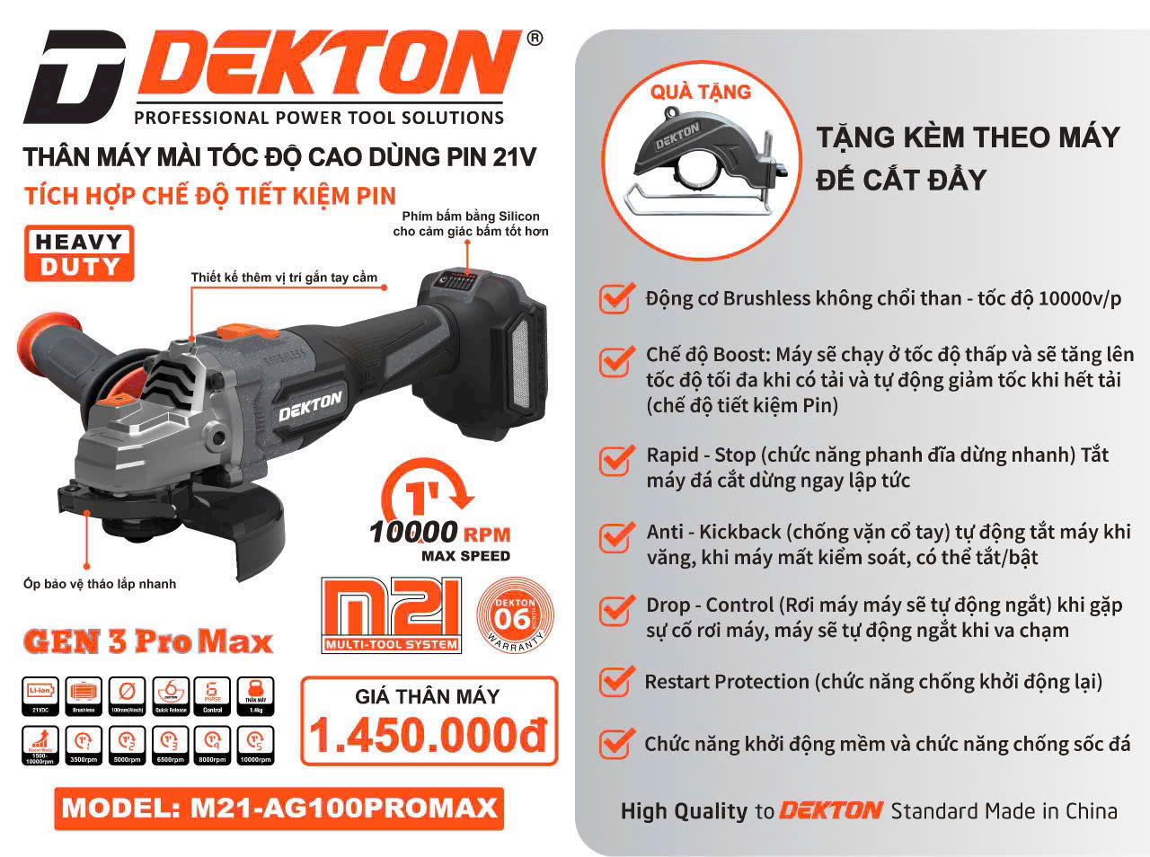 Máy Mài Góc Dekton M21-AG100promax Dùng Pin Tốc Cao Nhiều Tính Năng An Toàn AG100PROMAX