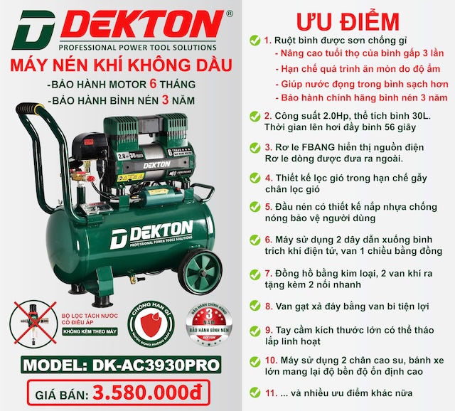 Máy Nén Khí Không Dầu 2Hp 30L DEKTON DK-AC3930PRO Ruột Bình Sơn Chống Rỉ