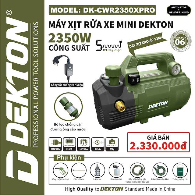 Máy Xịt Rửa Xe Mini DEKTON 2350XPRO Công Suất 2350W Model DK-CWR2350XPRO